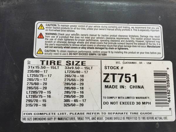 Super Z Tire Chain Size Chart